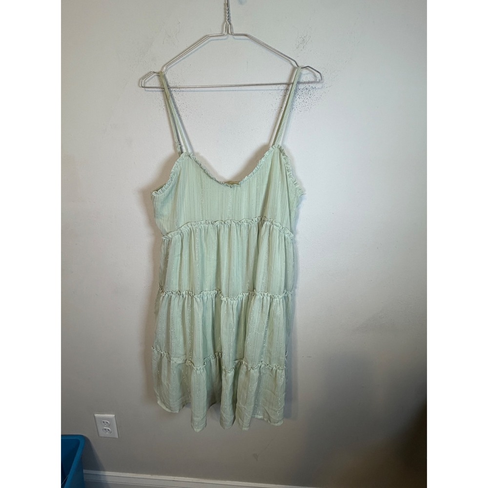Sweet Lemon Womens Mini Dress Metallic Tiered Ruffle Sage Green Size M Flawed